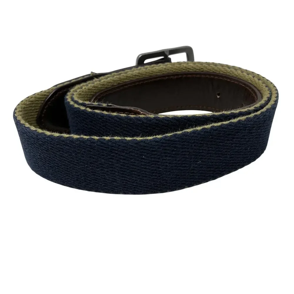 American Eagle Y2K Canvas Web Belt Tan Blue Reversible Brown Leather Trim Sz 38